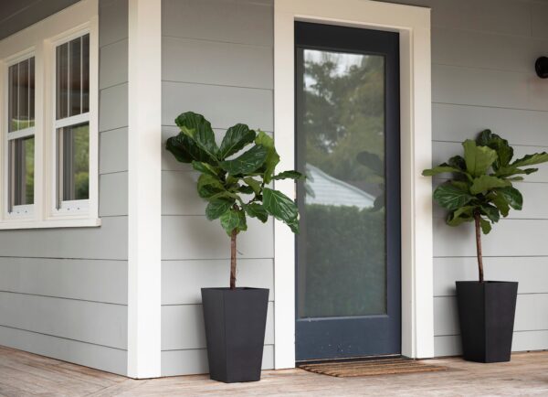 Finley 20 inch planters on front porch with fiddle leaf plants