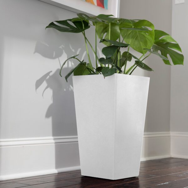 Finley White tall planter with green plant